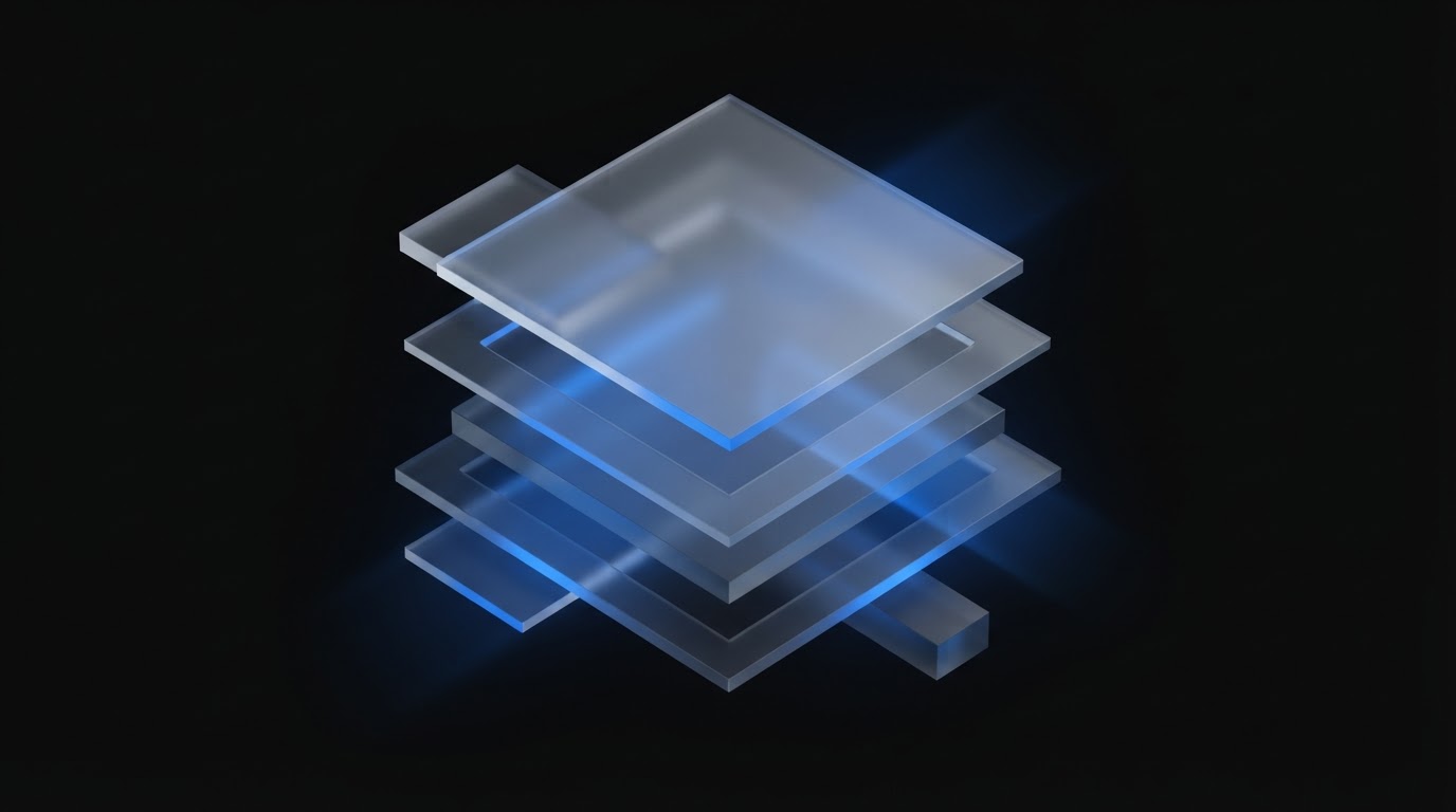 Geometric layers of translucent glass floating with a blur effect.