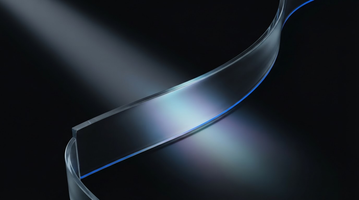 Curved abstract glass ribbon refracting light in soft tones.
