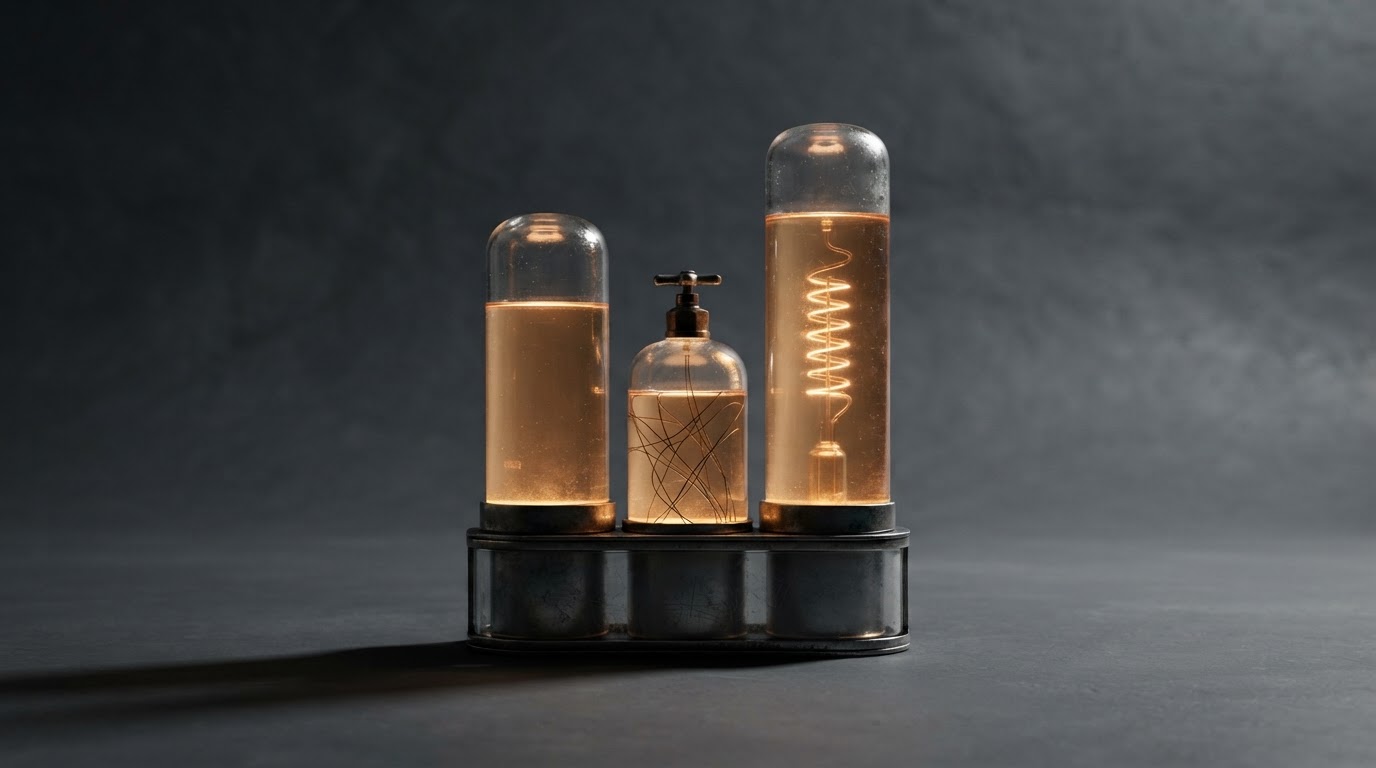 Three illuminated glass columns of different heights representing cost layers