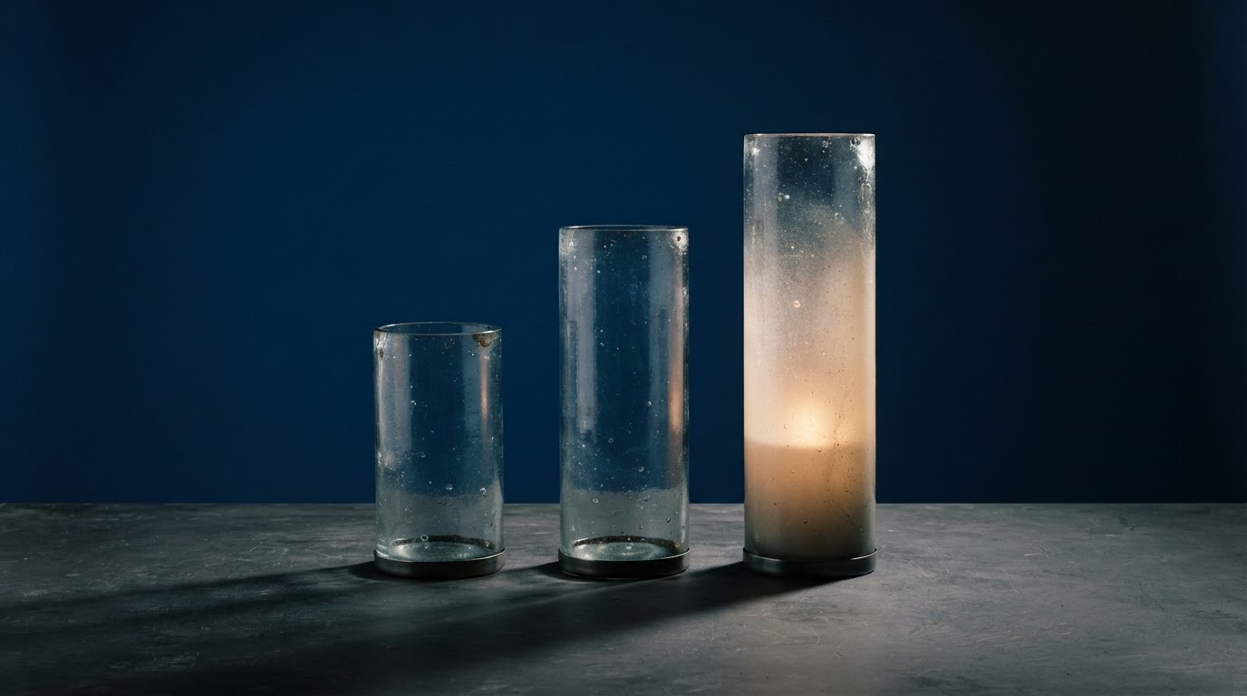 Three glass cylinders of different heights representing different levels of consumption and cost.