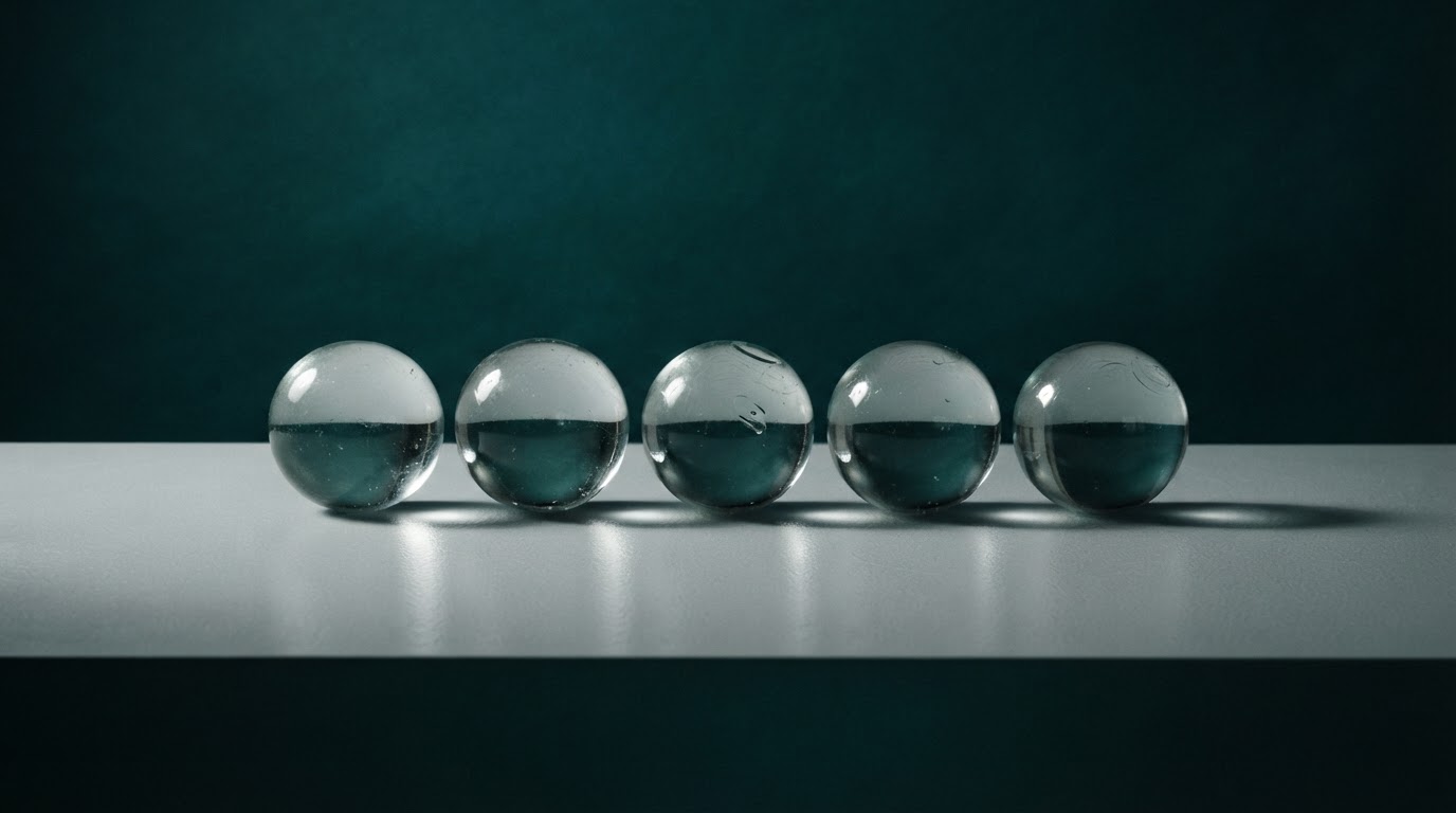 Aligned glass spheres representing the pillars and components of AI architecture.