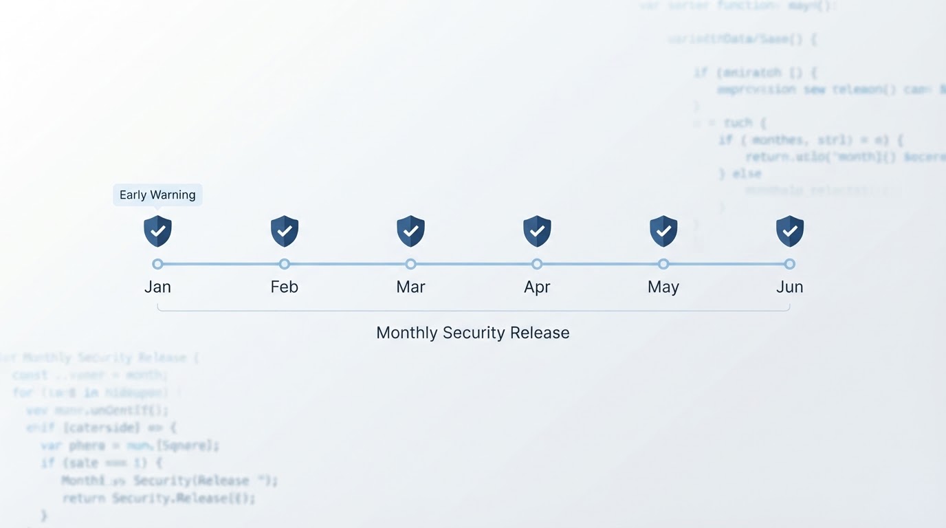 Timeline graphic illustrating Next.js monthly security releases with shield icons.