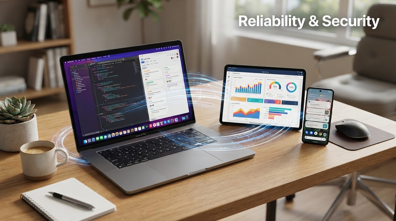 Ambiente de trabalho moderno com dispositivos interconectados por linhas digitais.
