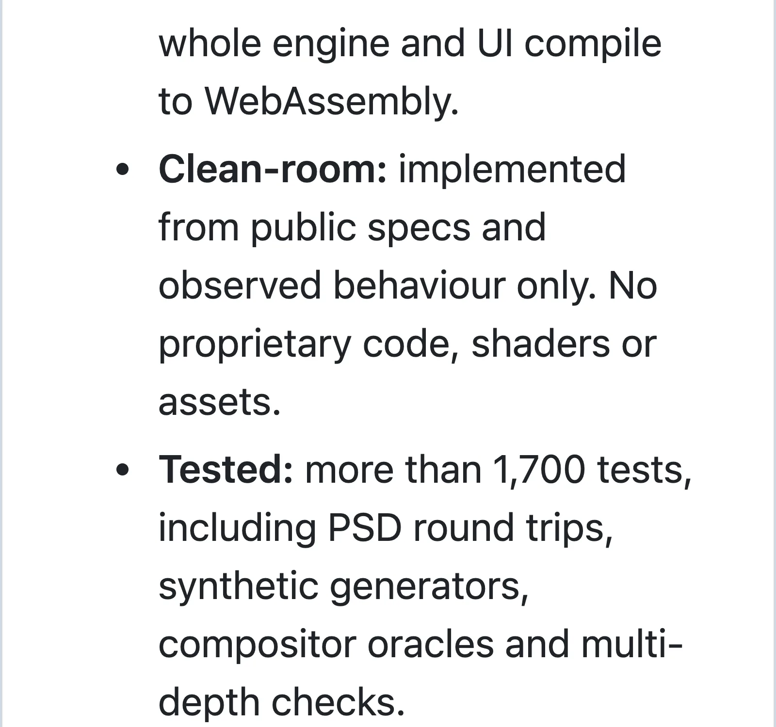 Excerpt from the PhotoCraft README describing clean room implementation and over 1,700 tests
