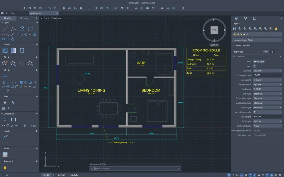 CADCraft screen with an apartment floor plan, dimensions, and area table