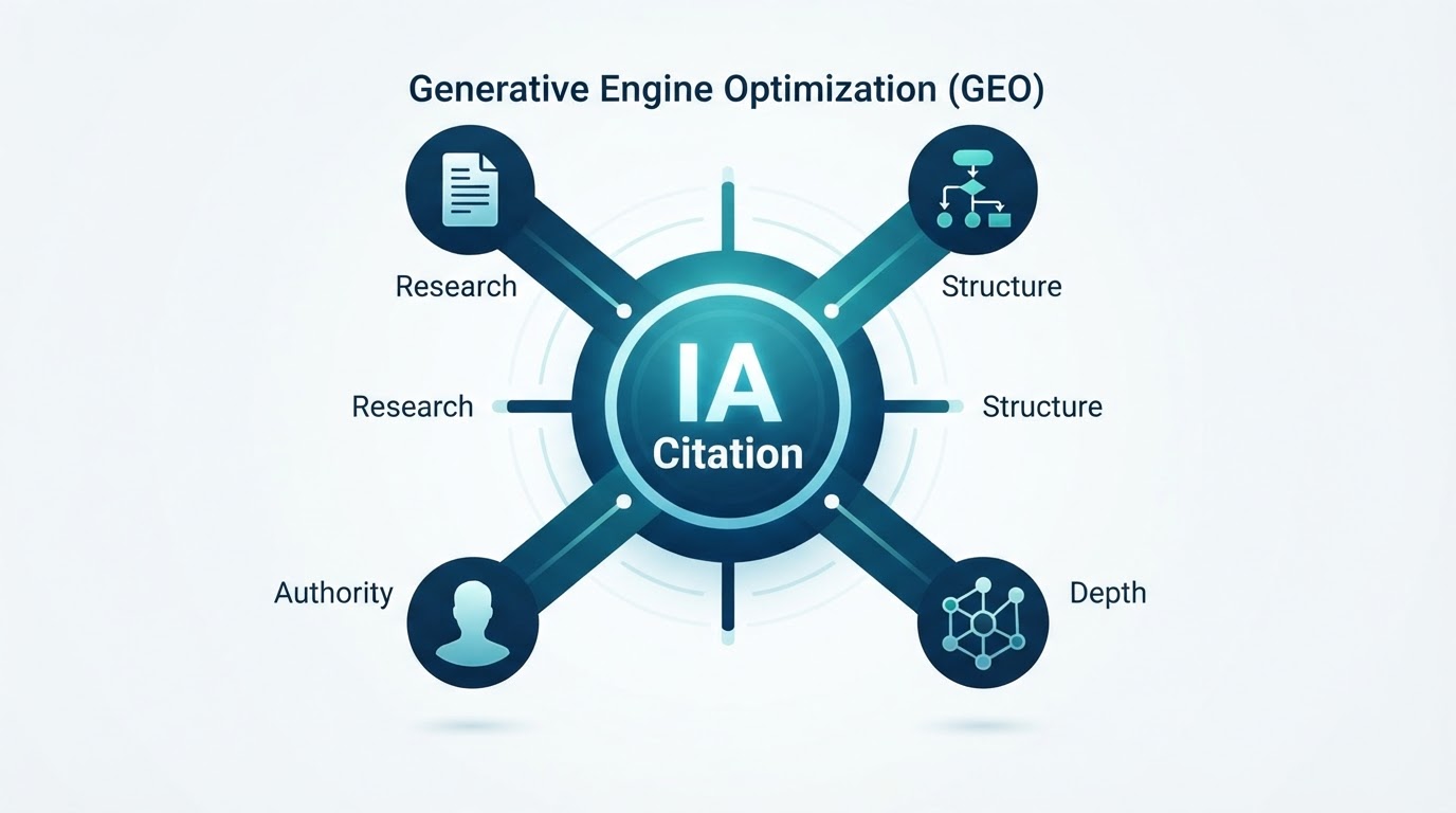 Infographic with the pillars of GEO: original research, structured answers, depth, and authorship.