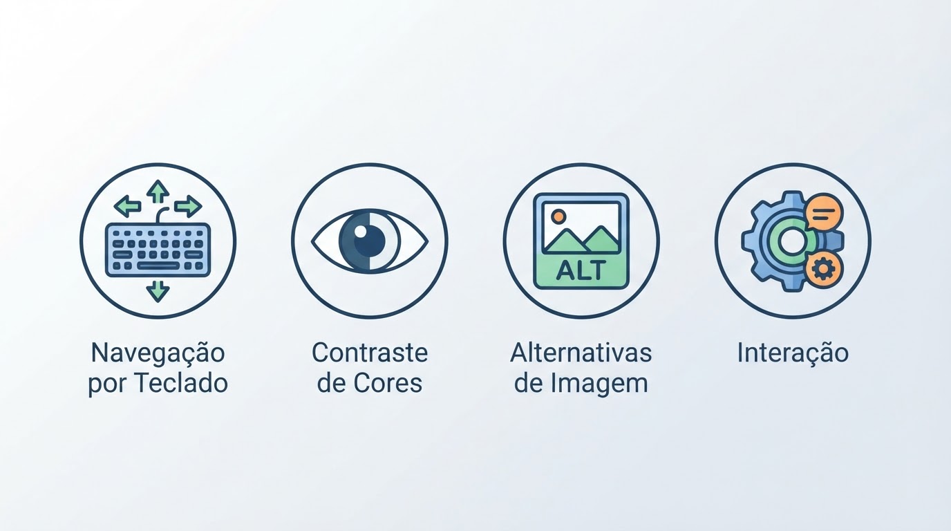 Infográfico ilustrando os pilares da NBR 17225, como navegação por teclado, contraste de cores, alternativas de imagem e interações.