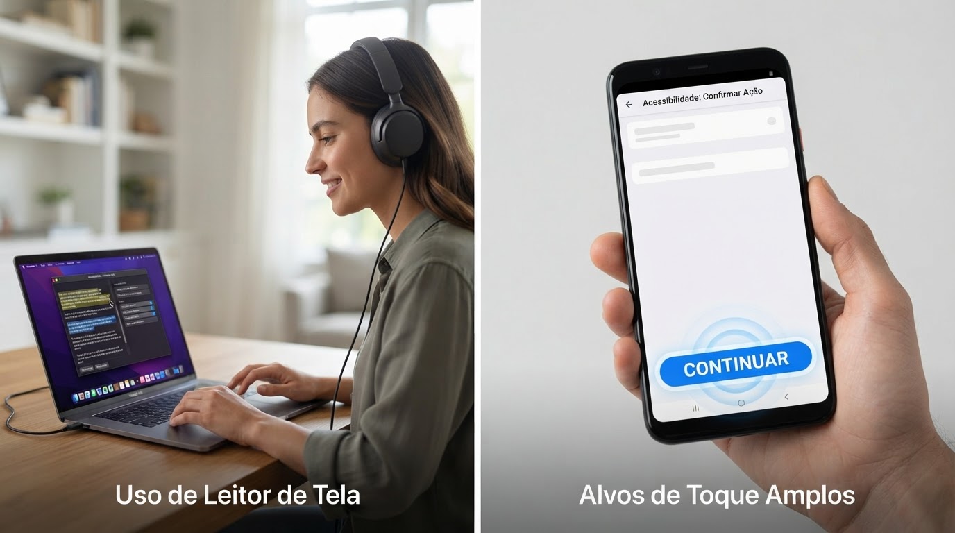 Usuário utilizando leitor de tela e close-up de tela com alvos de toque amplos para demonstrar acessibilidade.