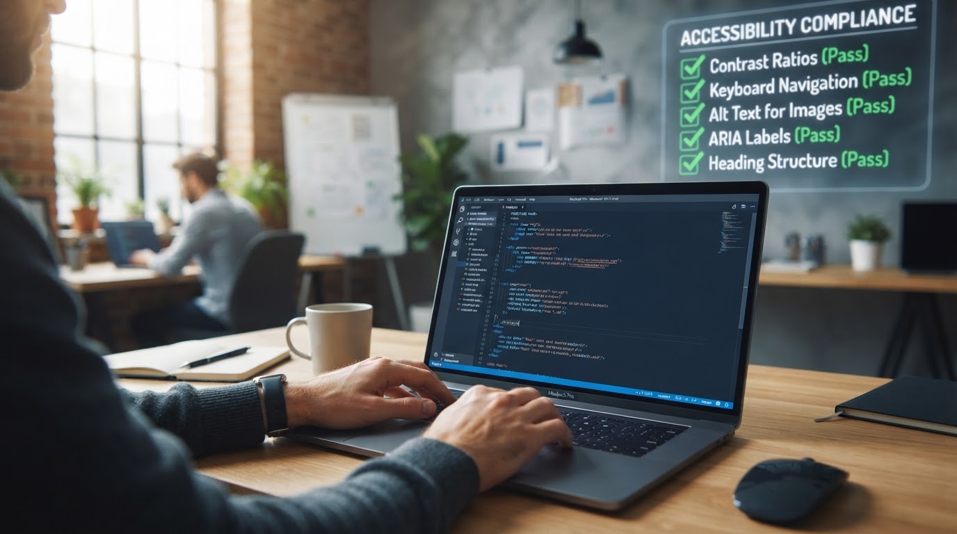 Mãos codificando em um laptop, com um checklist de acessibilidade ao fundo, simbolizando o processo de adequação de sites.