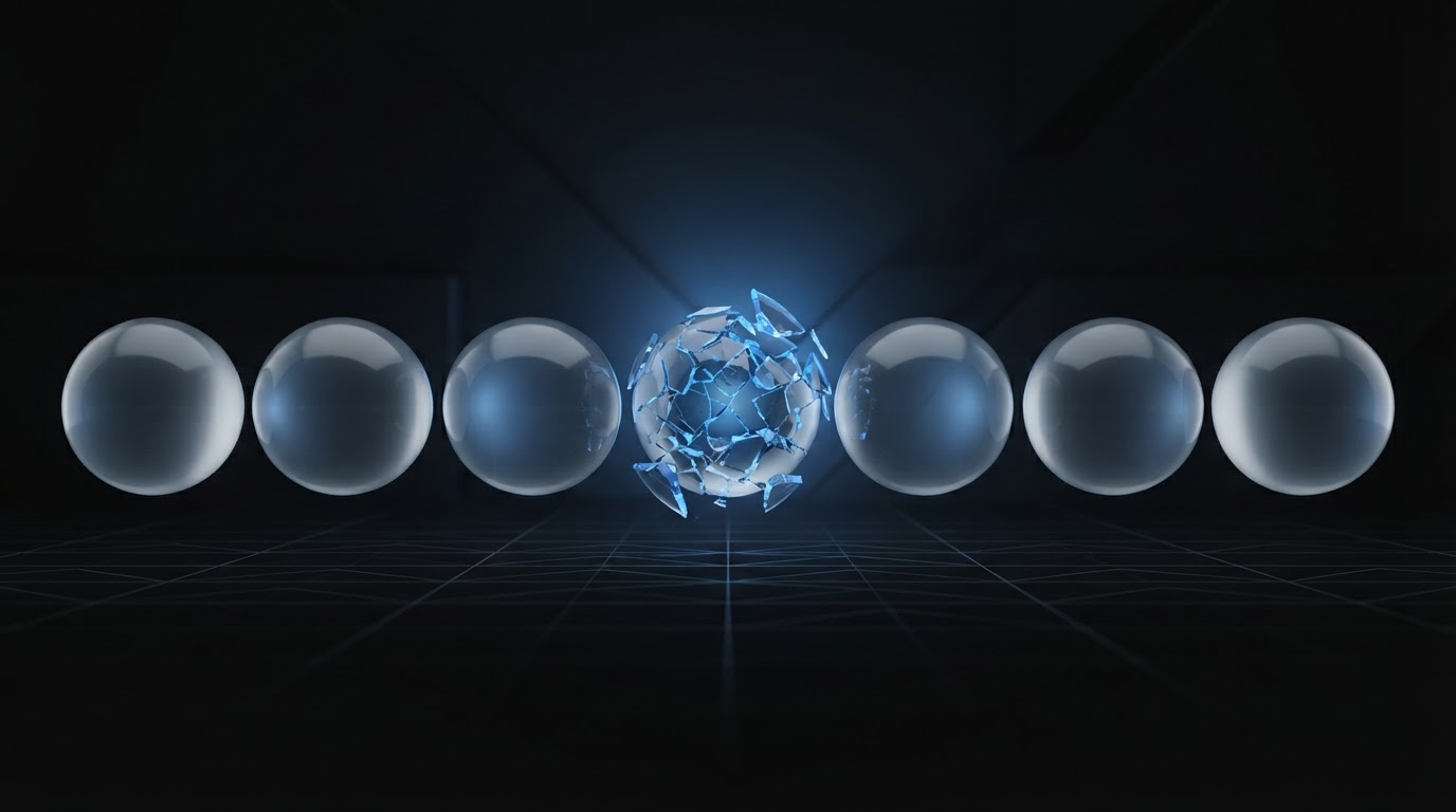 Glass spheres in a row with a cracked central sphere.
