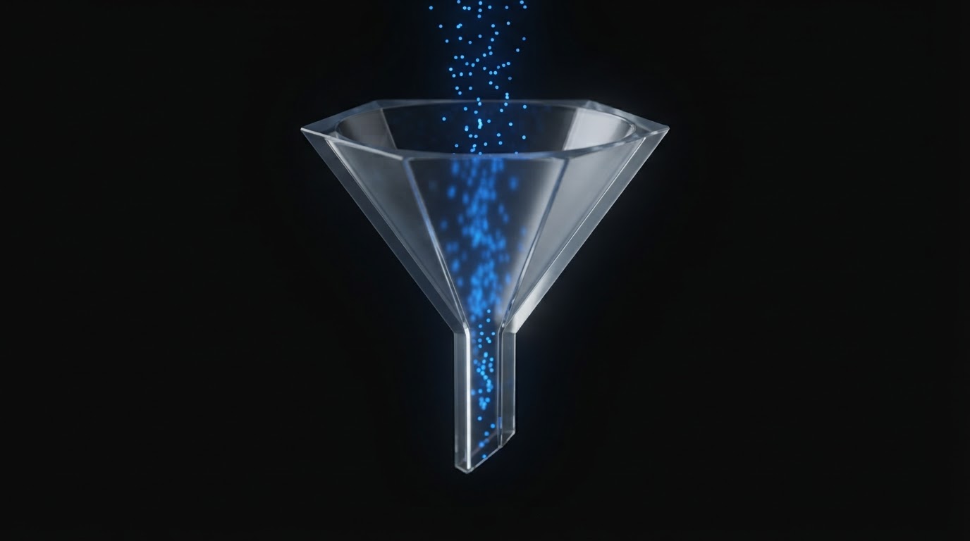 Translucent glass funnel with sparkling particles flowing.