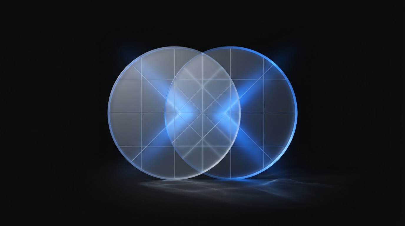 Ilustração geométrica representando a sobreposição de dados de busca web e recursos de IA.