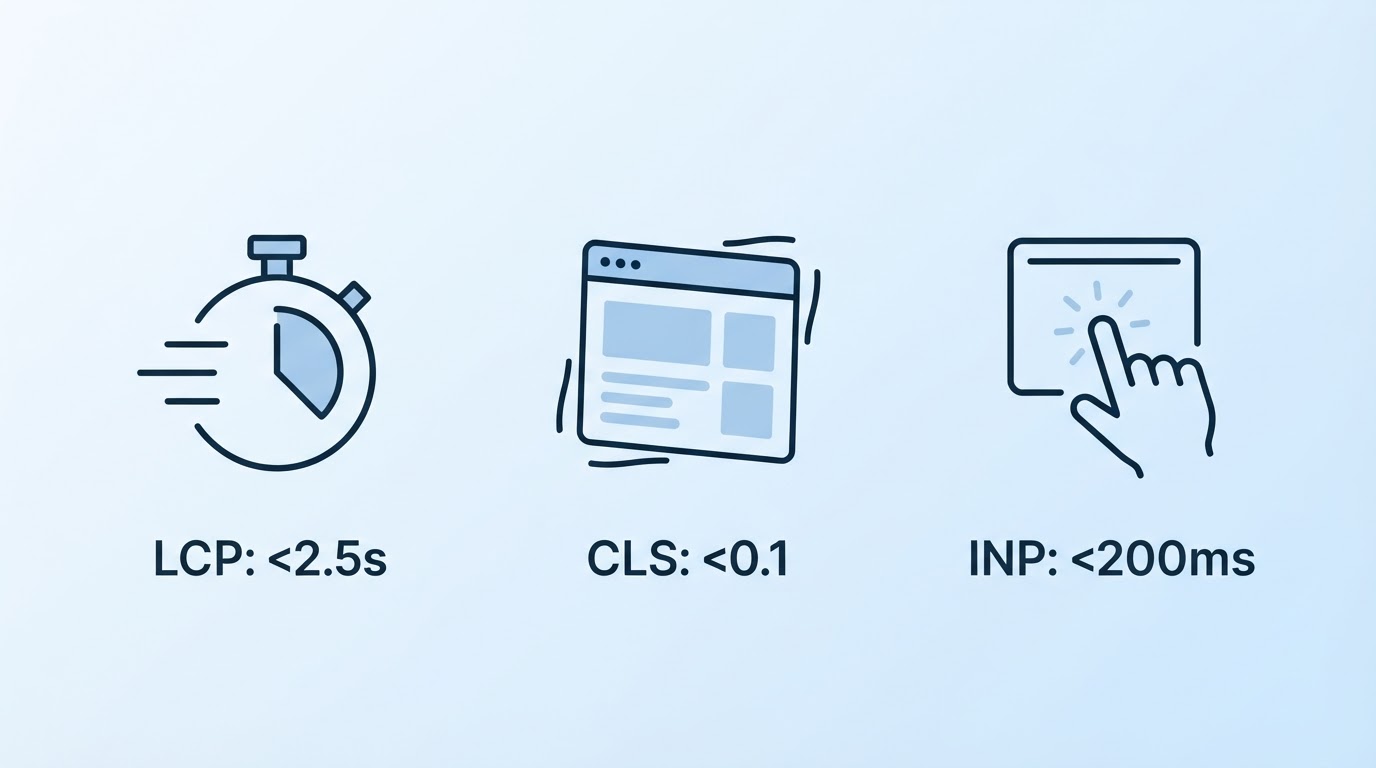 Infográfico das Core Web Vitals: LCP, CLS e INP com seus limites.