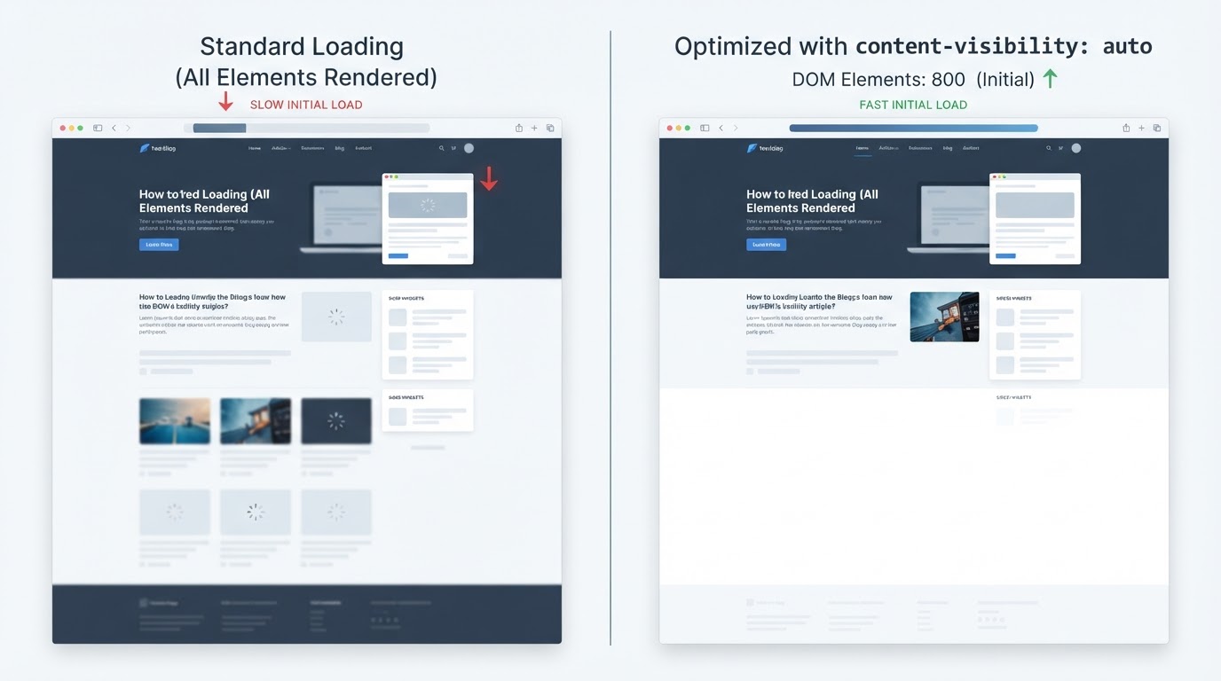 Comparação visual do loading de página com e sem content-visibility: auto.