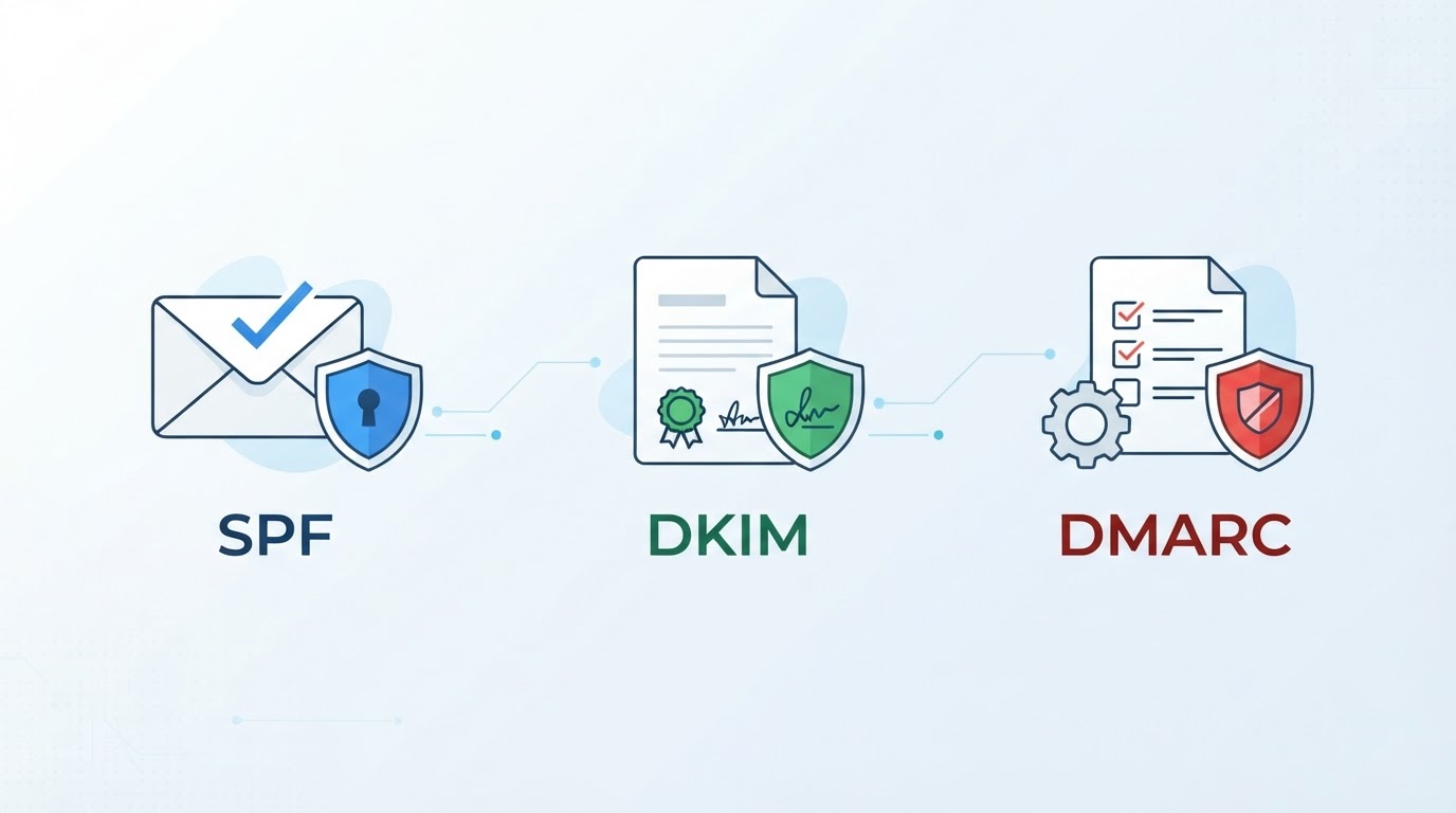 Infográfico explicativo sobre autenticação de e-mail com SPF, DKIM e DMARC.