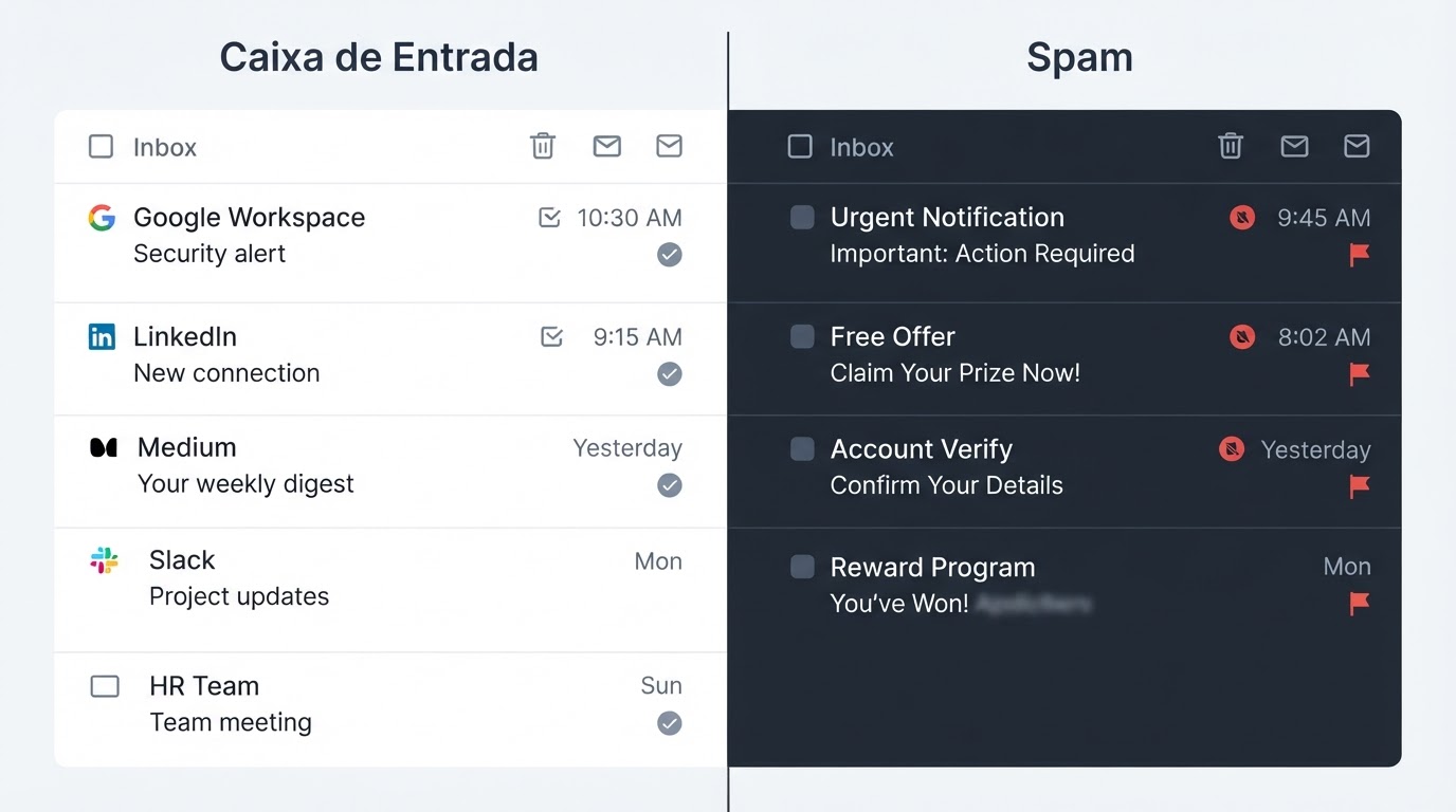 Comparativo visual de um e-mail corporativo chegando na caixa de entrada principal versus na pasta de spam.