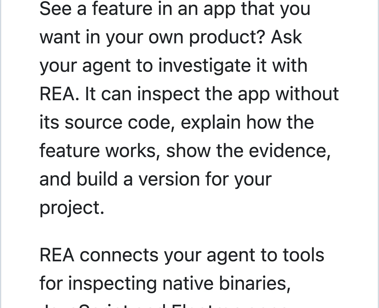 Trecho do README do REA dizendo que o agente pode inspecionar o app sem o código-fonte e construir uma versão para o seu projeto