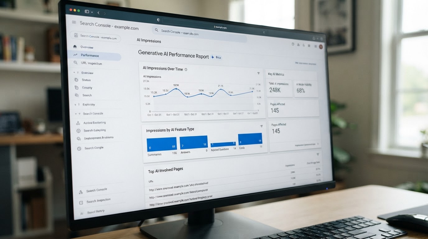 Pantalla de Google Search Console mostrando el informe de rendimiento de IA generativa con gráficos de impresiones.