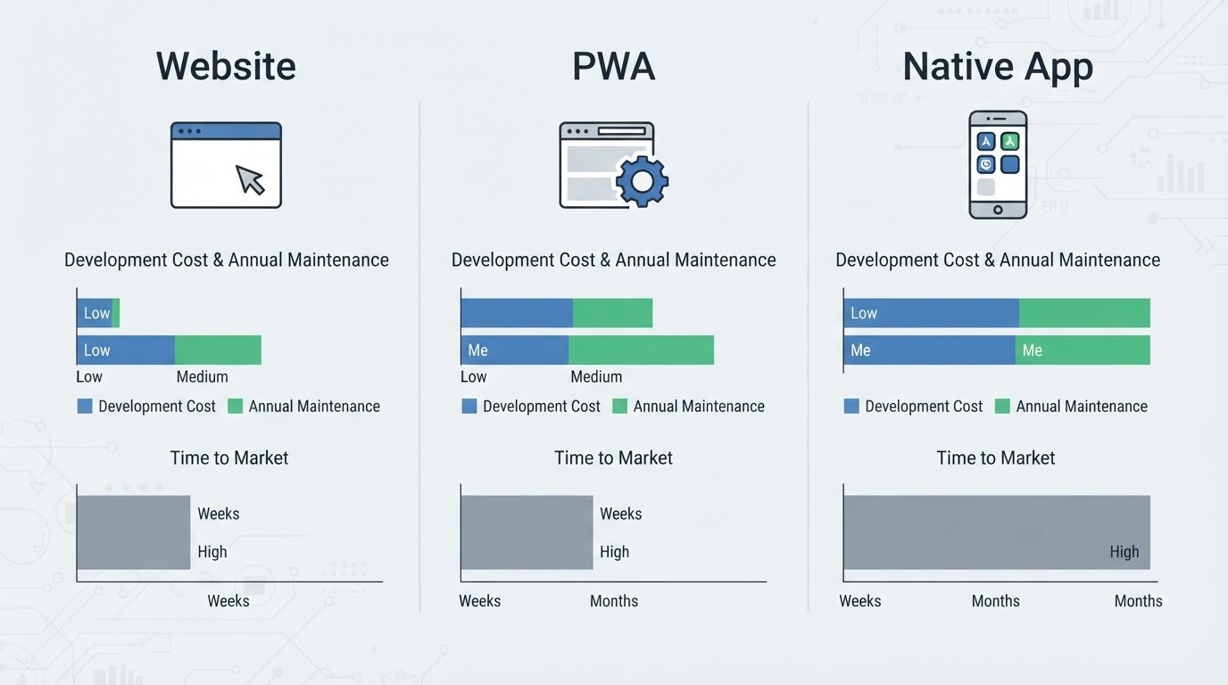 Infográfico comparativo de custos e prazos entre site, PWA e aplicativo nativo em 12 meses.