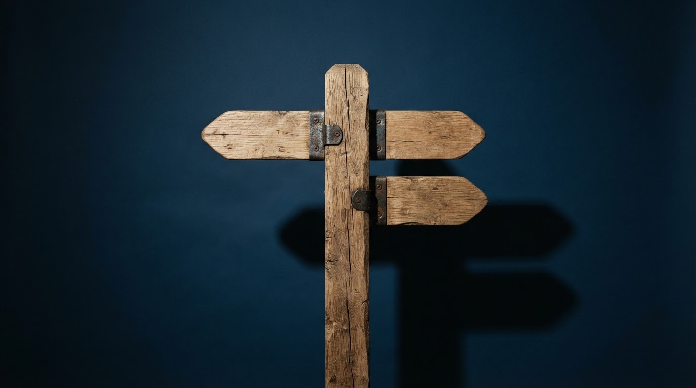 Wooden sign with two arrows indicating opposite paths for app distribution.