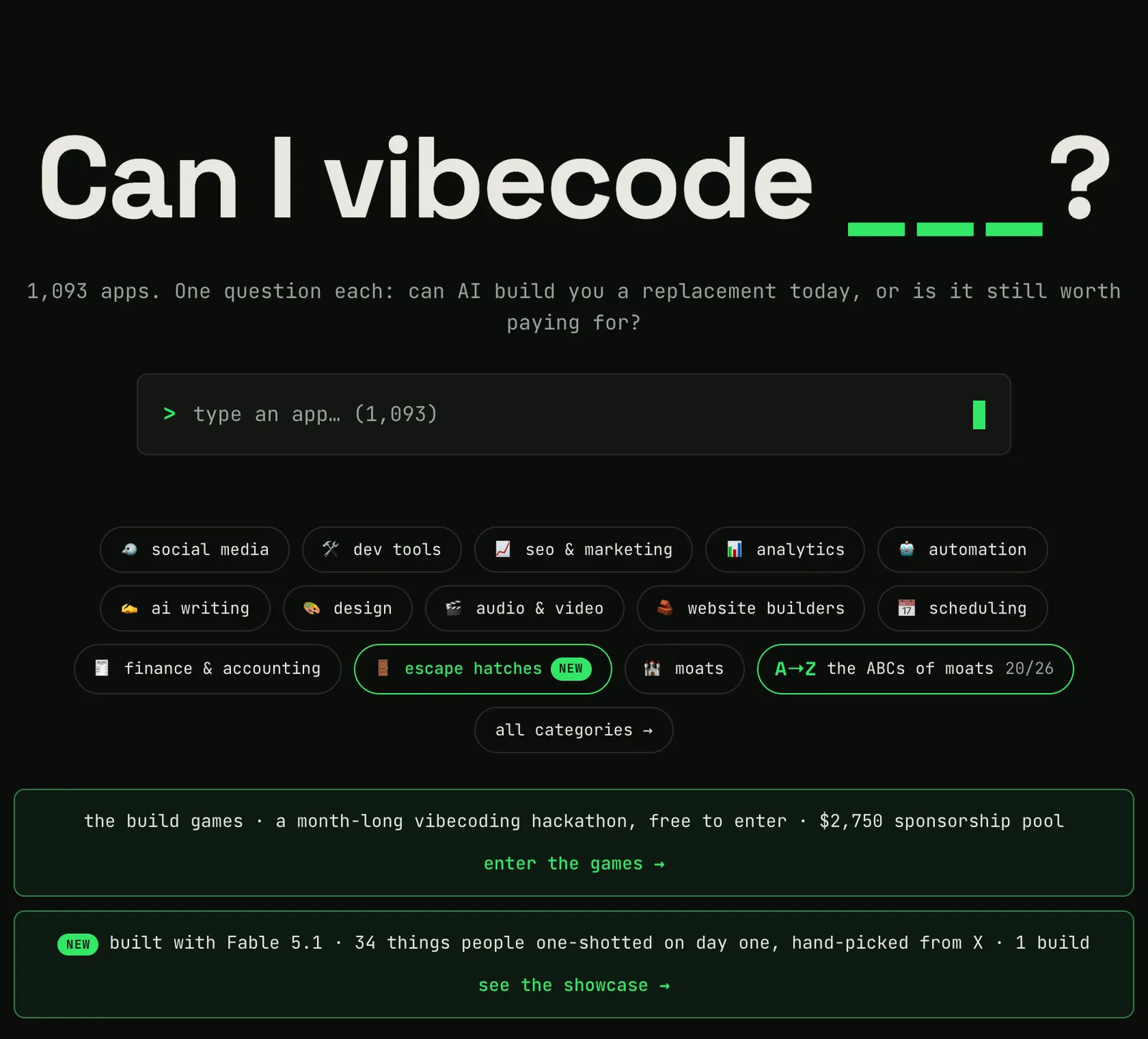 Can I Vibecode It homepage, with the question Can I vibecode, the search, and categories
