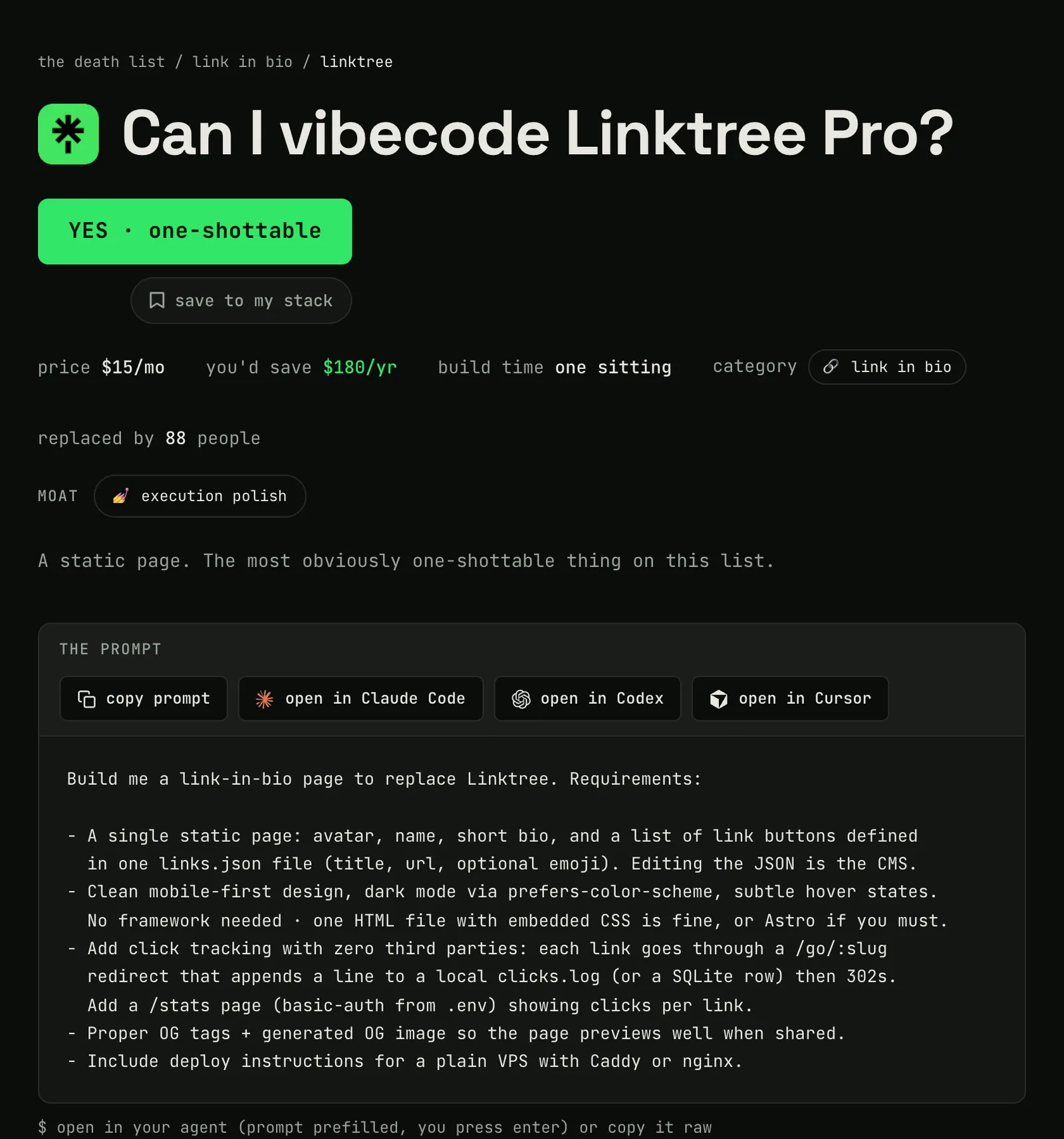 Linktree Pro page on Can I Vibecode It, with the YES verdict, price, build time, and ready-made prompt