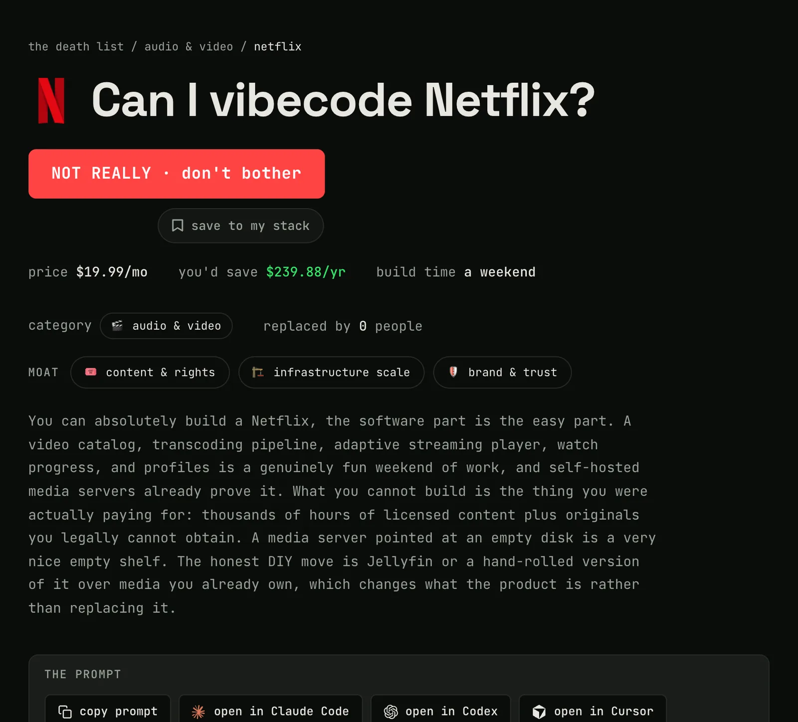 Netflix page on Can I Vibecode It, with the verdict NOT REALLY and the explanation