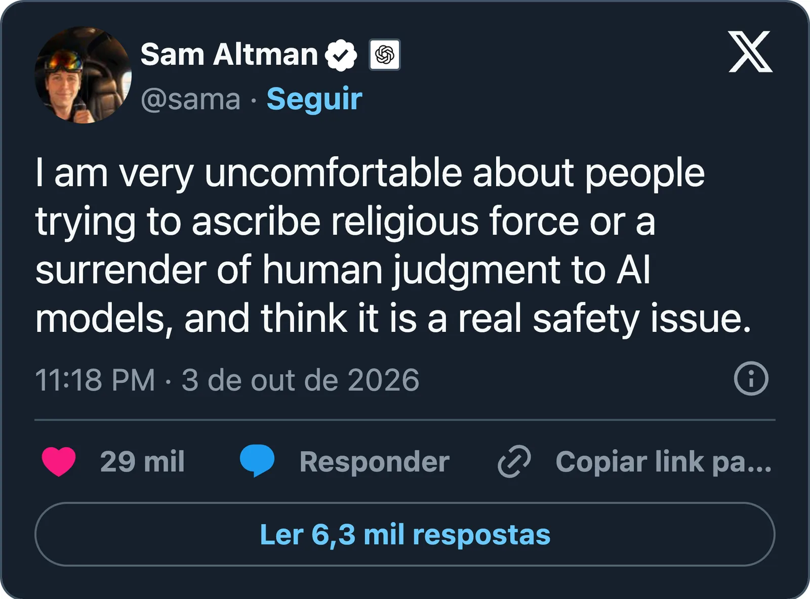 2026年10月3日のSam AltmanによるXへの投稿：I am very uncomfortable about people trying to ascribe religious force or a surrender of human judgment to AI models