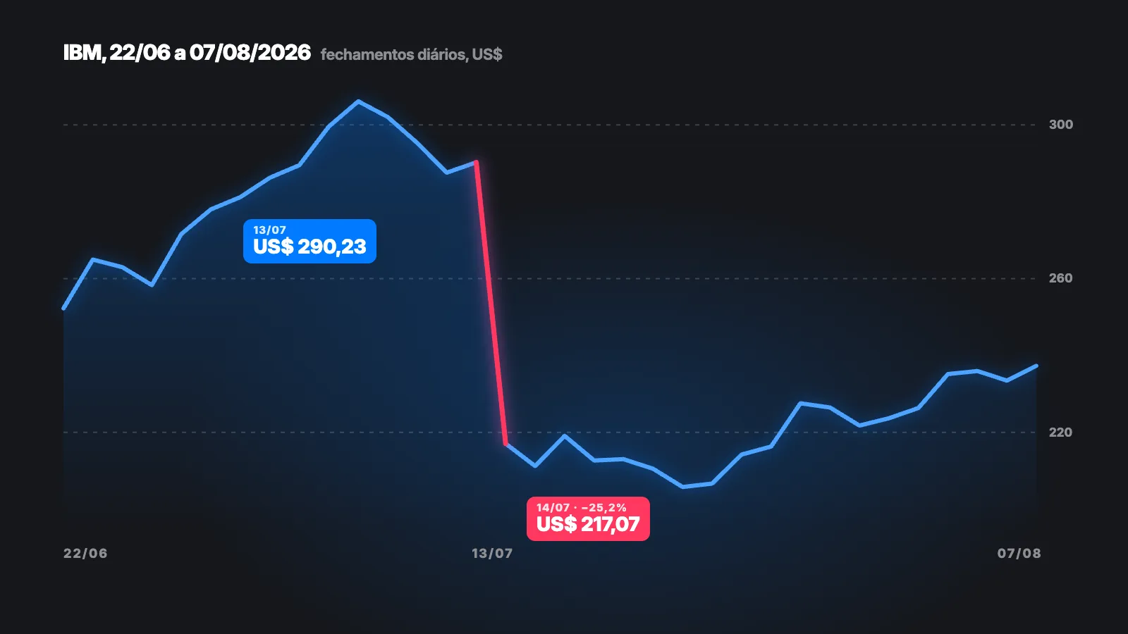 IBM stock chart from 06/22 to 08/07/2026: drop from US$290.23 on 07/13 to US$217.07 on 07/14, minus 25.2%
