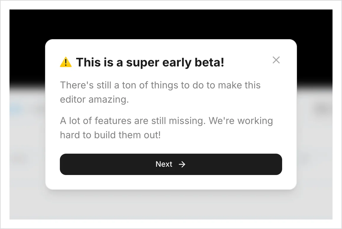 Janela do editor OpenCut com o aviso This is a super early beta e a frase de que ainda faltam muitos recursos