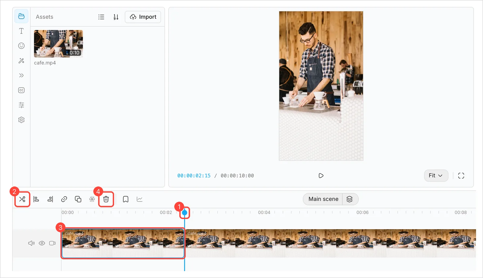 Linha do tempo do OpenCut com o vídeo dividido em dois pedaços, a tesoura, a lixeira e a linha azul no ponto do corte marcadas