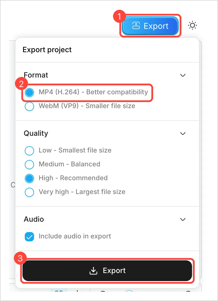 Janela Export project do OpenCut com o formato MP4, a qualidade High e o botão Export marcados