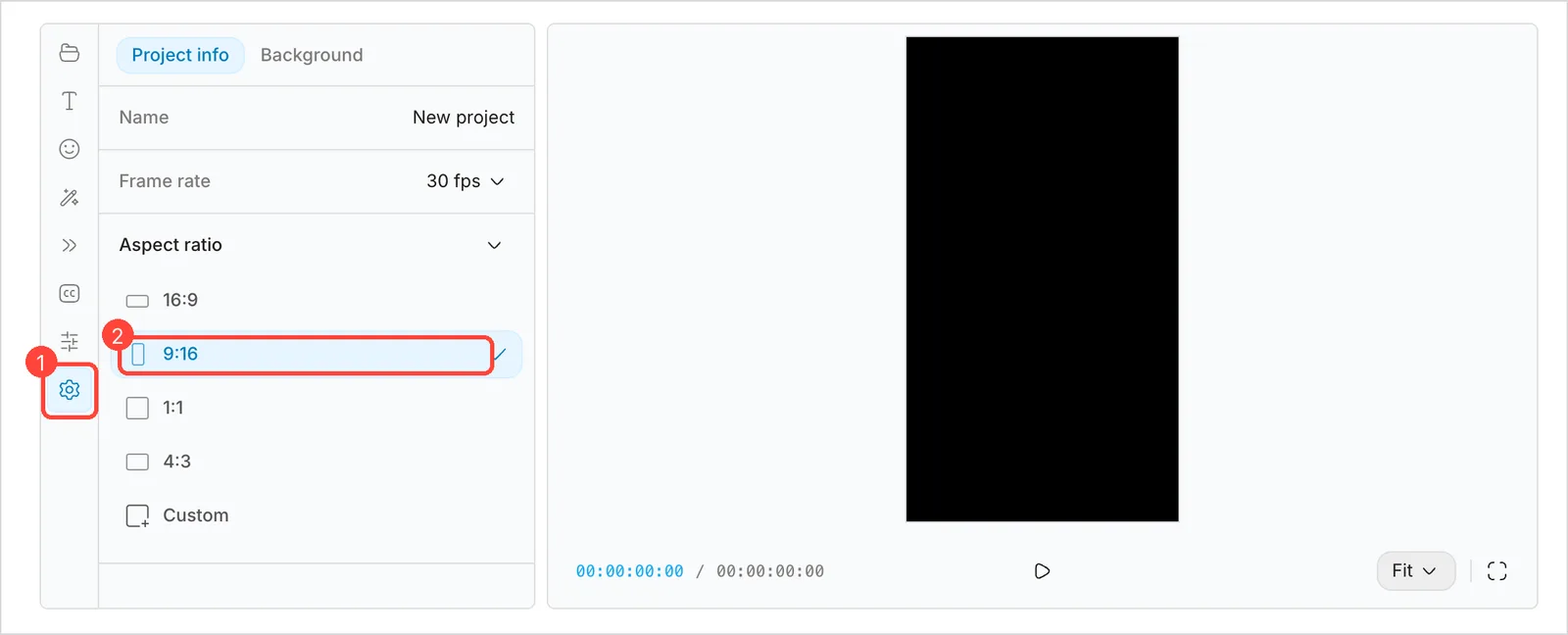 Painel Settings do OpenCut com a opção de formato 9:16 marcada e a área de prévia em pé