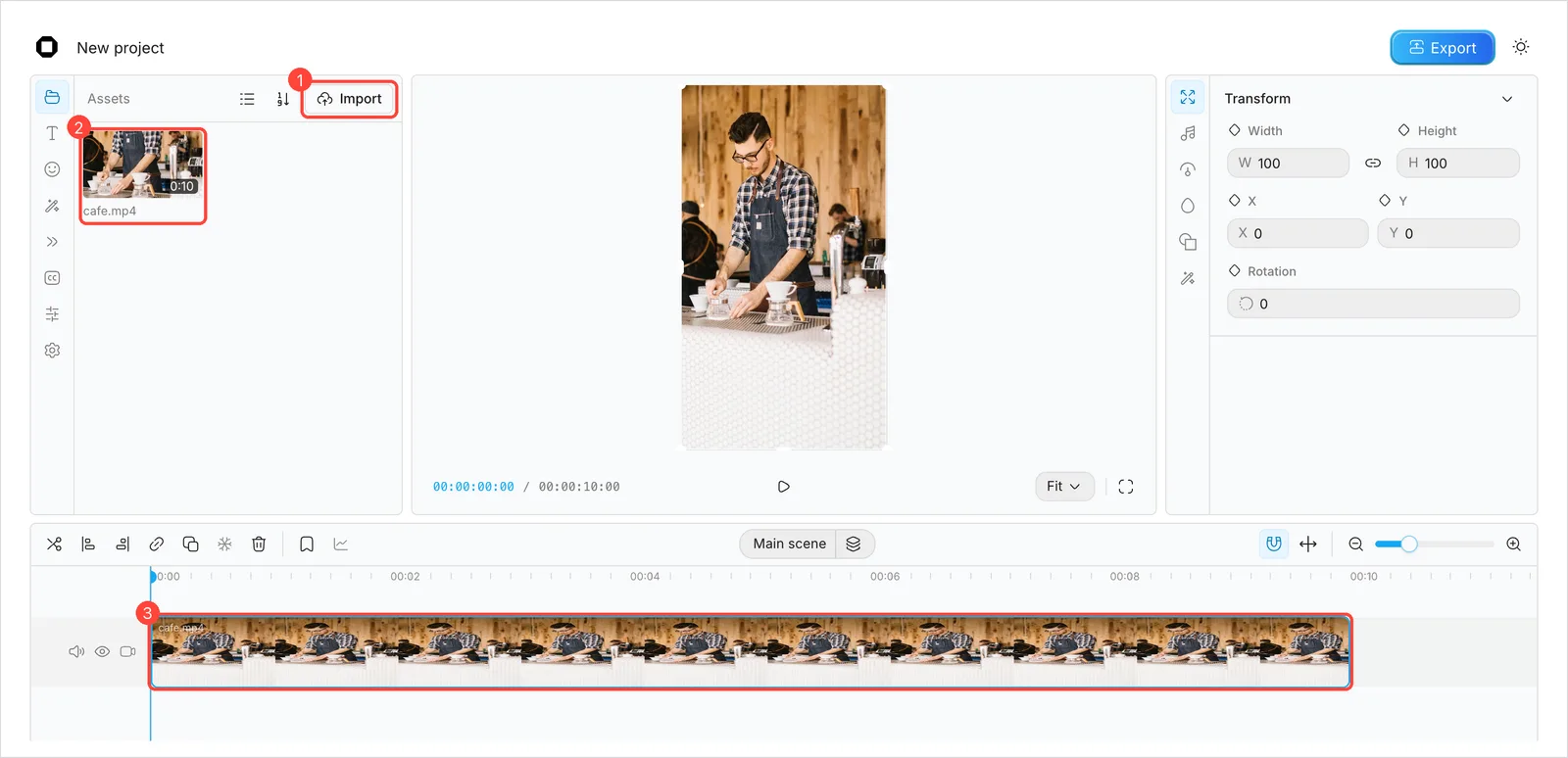 Editor OpenCut com o botão Import, o vídeo importado na lista e o mesmo vídeo arrastado para a linha do tempo