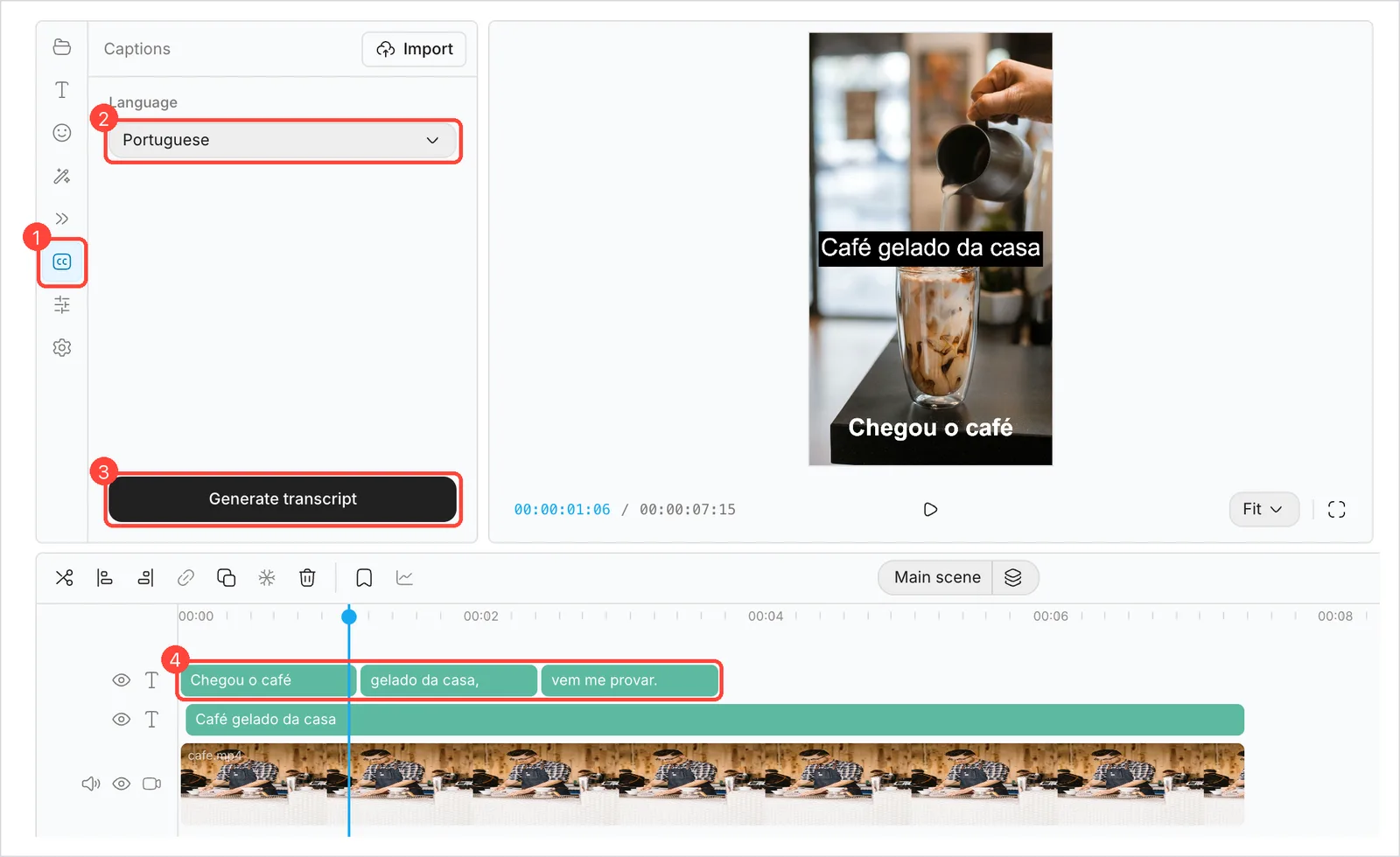 Painel Captions do OpenCut com o idioma Portuguese, o botão Generate transcript e as legendas geradas na linha do tempo