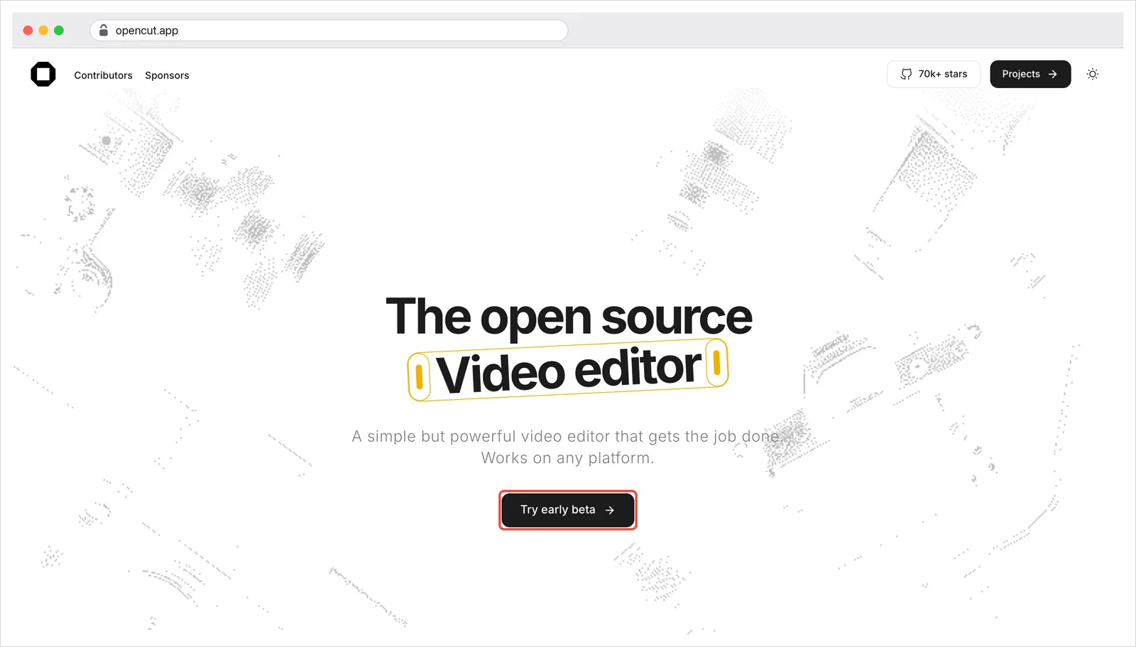 Página inicial do opencut.app com o título The open source Video editor e o botão Try early beta marcado