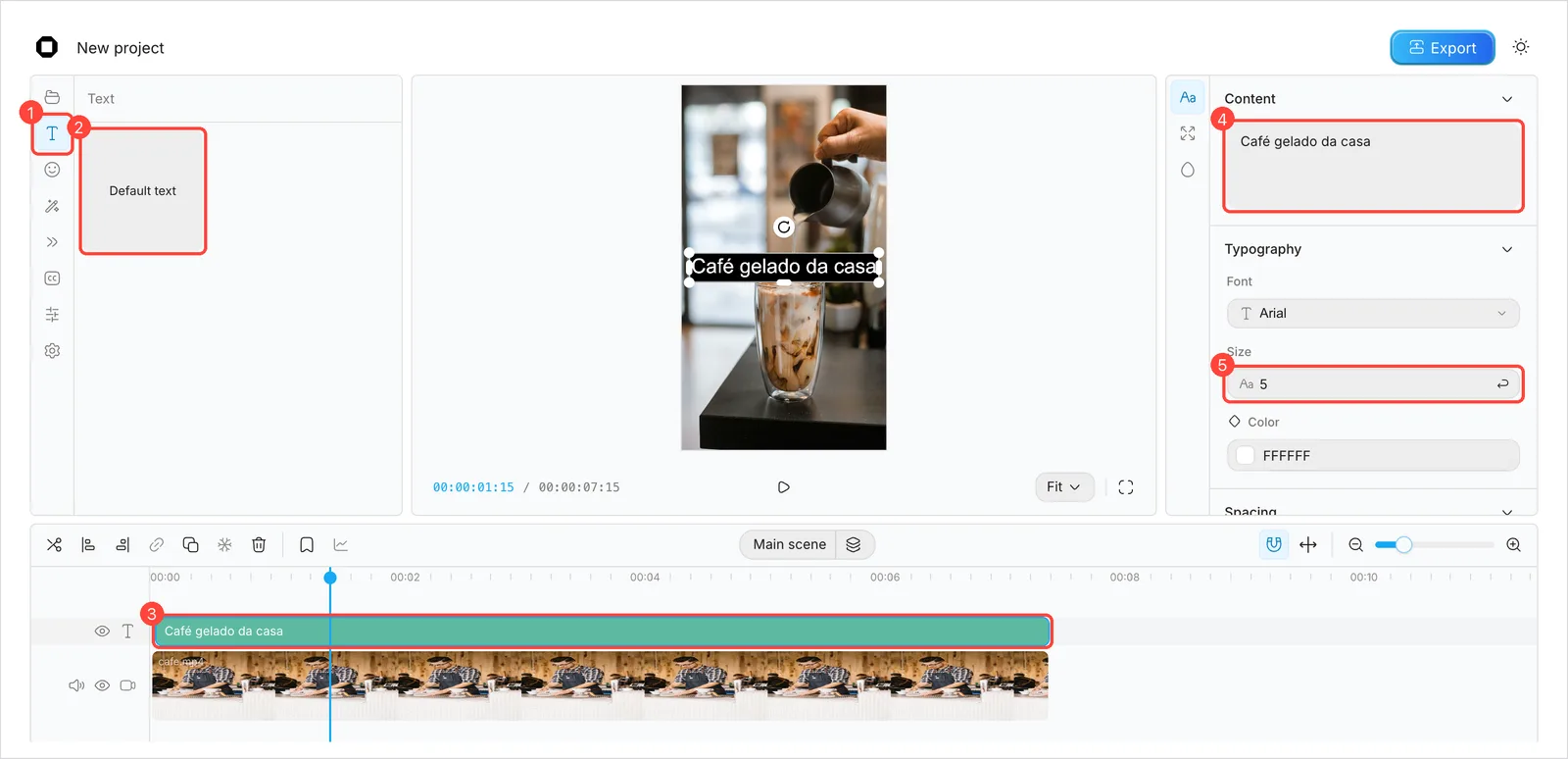 Editor OpenCut com o texto Café gelado da casa na prévia e na linha do tempo, e os campos Content e Size marcados
